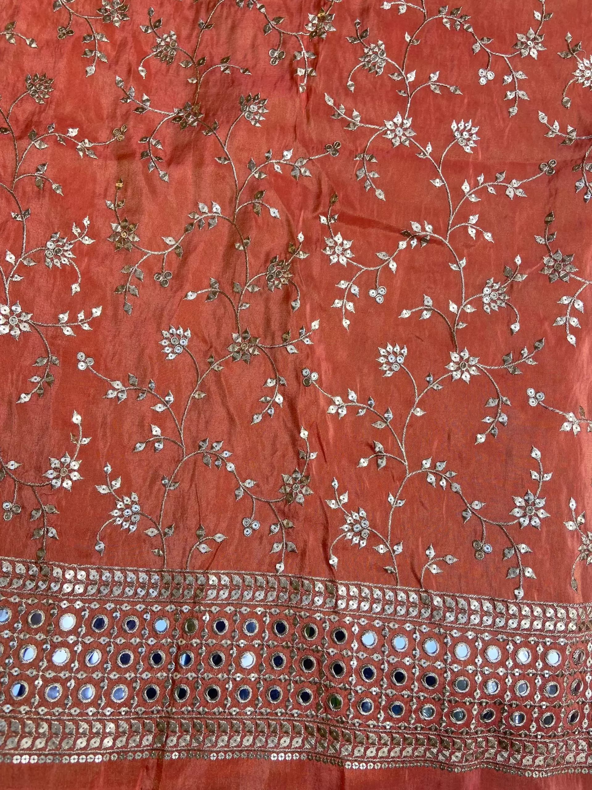 Orange heavy embroidered pure cosmos tissue silk fabric