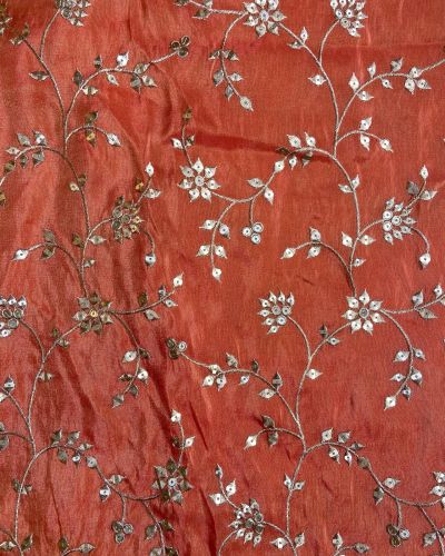 Orange heavy embroidered pure cosmos tissue silk fabric