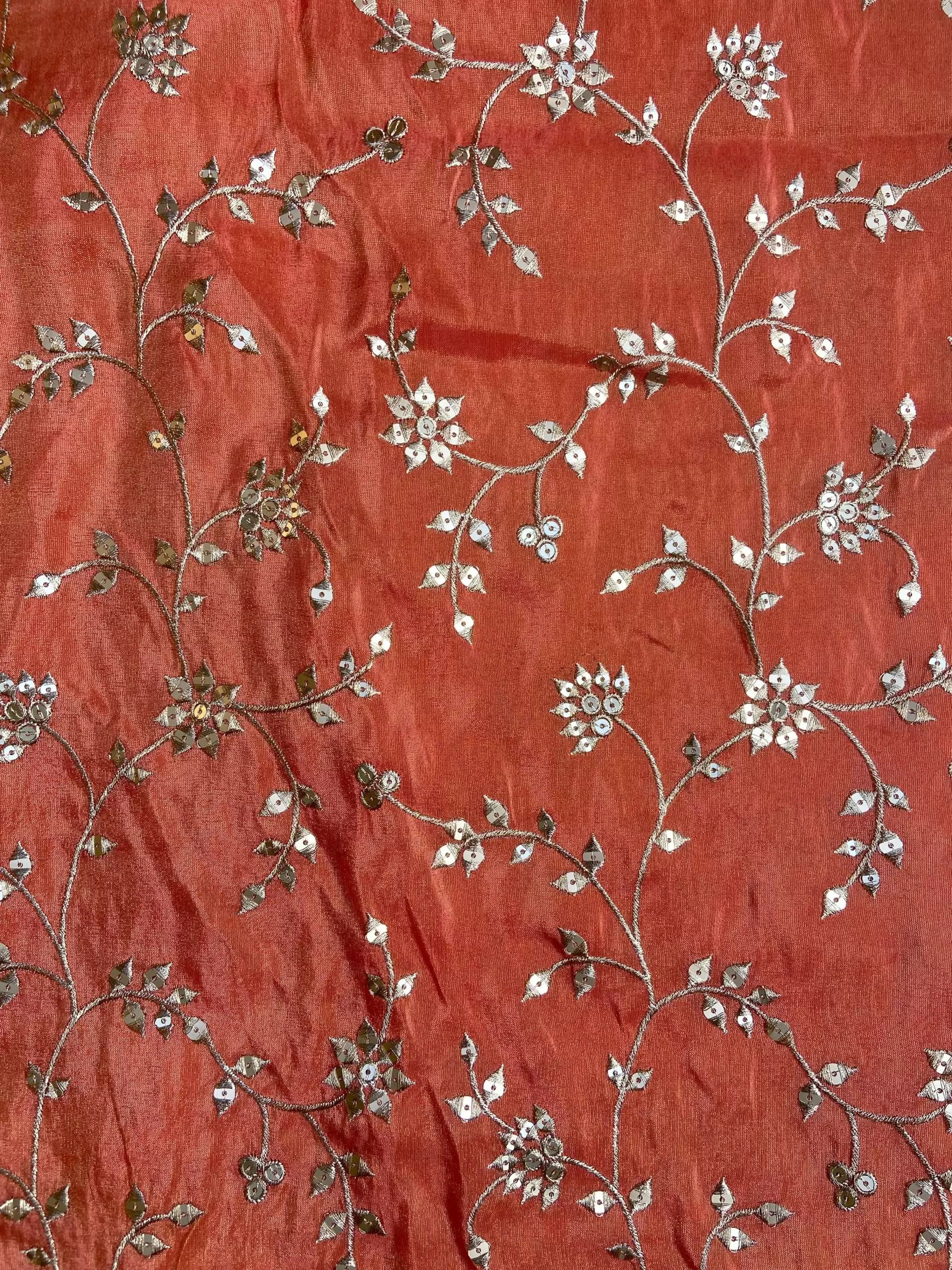 Orange heavy embroidered pure cosmos tissue silk fabric