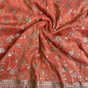 Orange heavy embroidered pure cosmos tissue silk fabric