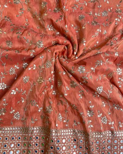 Orange heavy embroidered pure cosmos tissue silk fabric