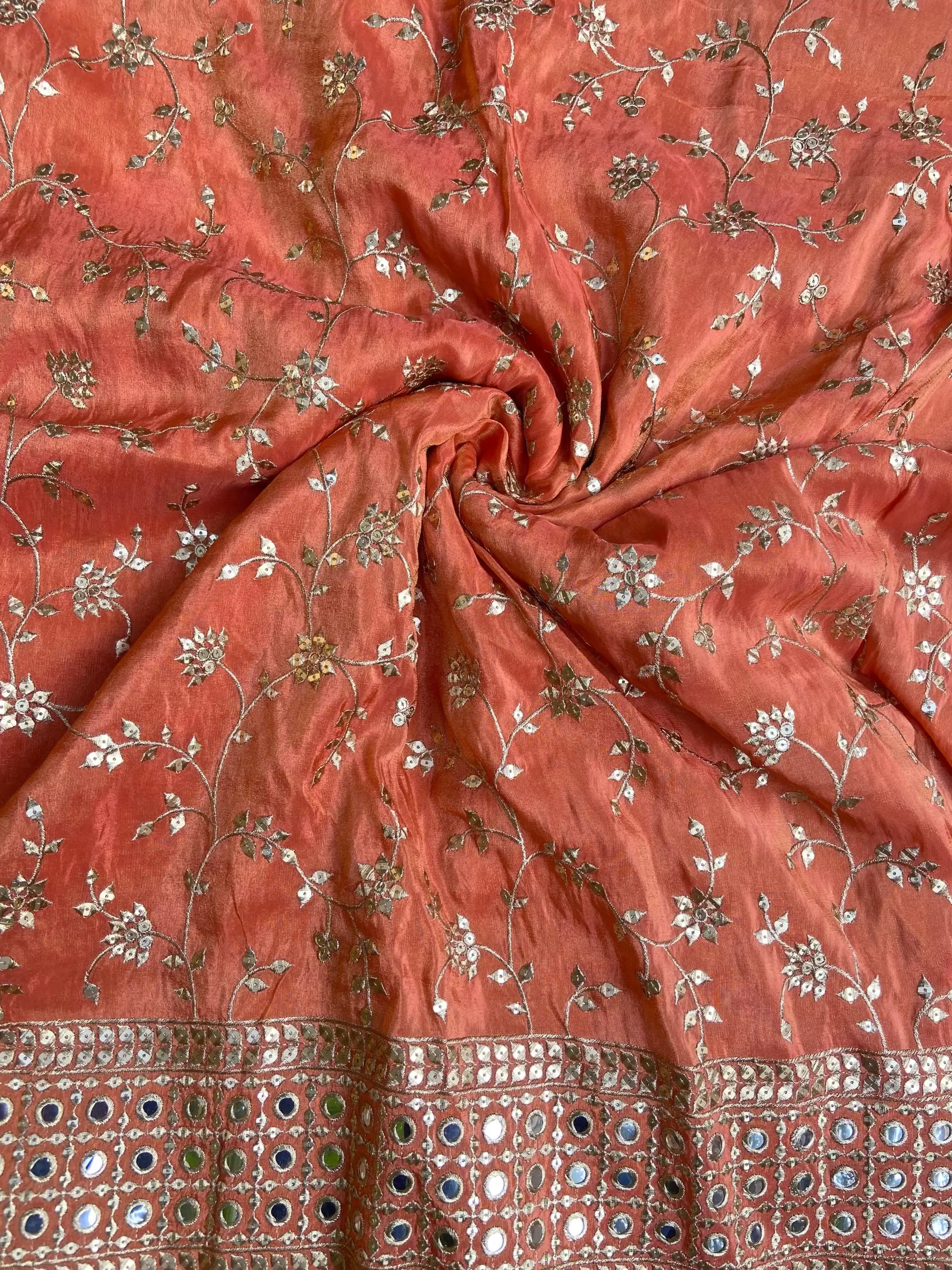 Orange heavy embroidered pure cosmos tissue silk fabric