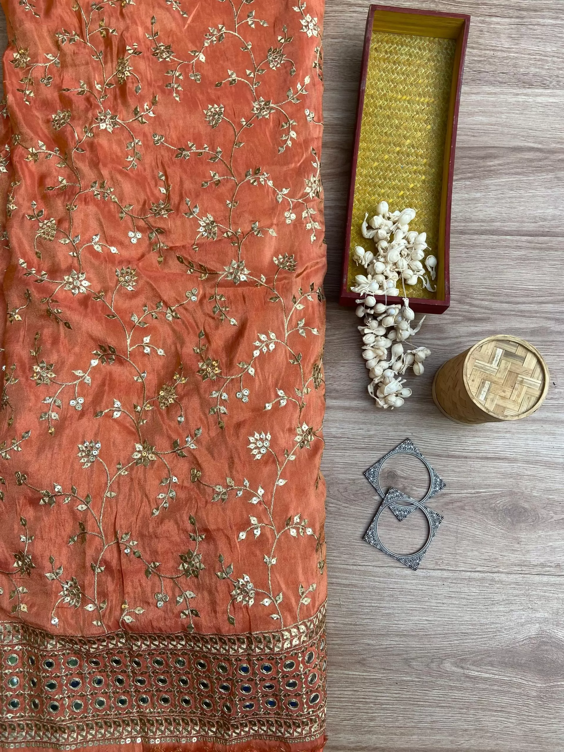 Orange heavy embroidered pure cosmos tissue silk fabric