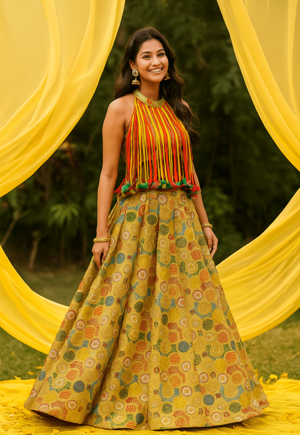 Haldi Leheariya Latkan Blouse With Heavy Embroidered Skirt