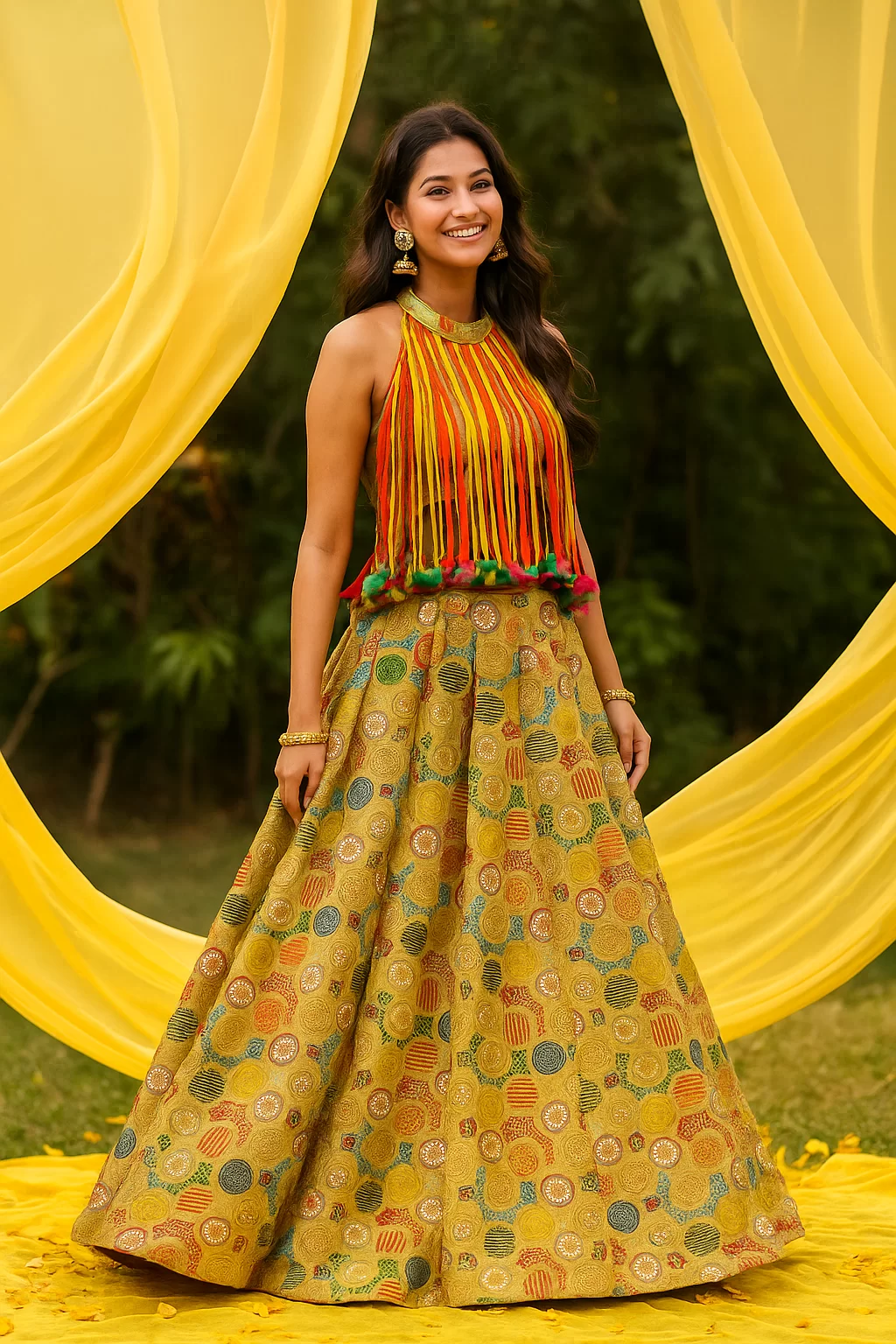 Haldi Leheariya Latkan Blouse With Heavy Embroidered Skirt