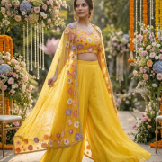 Vibrant Yellow Embroidered Crop Top with Skirt and Sheer Floral Shrug