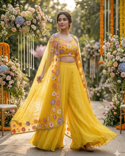 Vibrant Yellow Embroidered Crop Top with Skirt and Sheer Floral Shrug