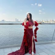 Wine Trail Skirt And a Halter Blouse With Slit Details And a Beautiful Rose Dupatta