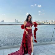 Wine Trail Skirt And a Halter Blouse With Slit Details And a Beautiful Rose Dupatta