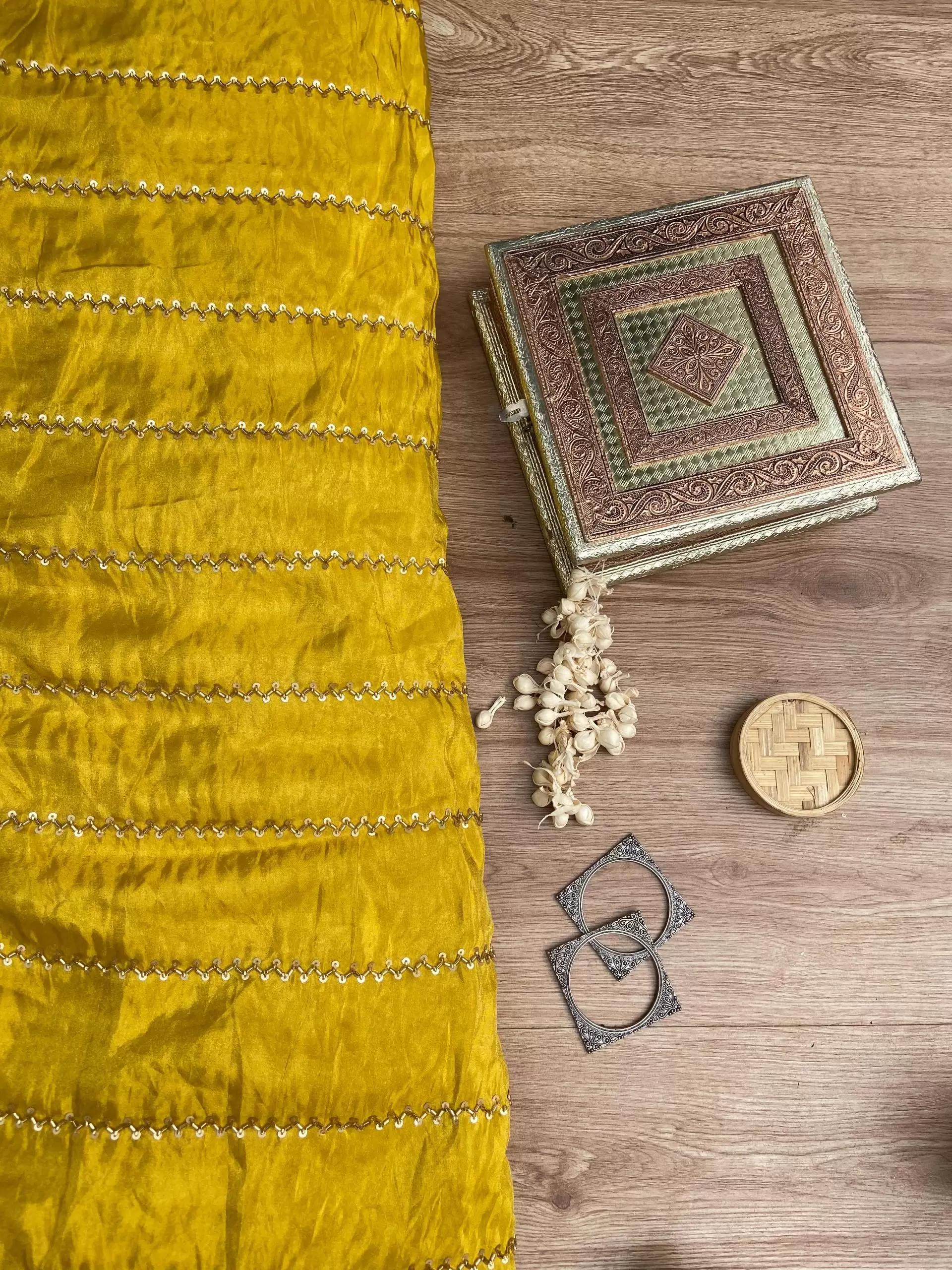 Hand embroidery in Stripe Pattern Mustard Yellow Pure Tissue Silk Fabric