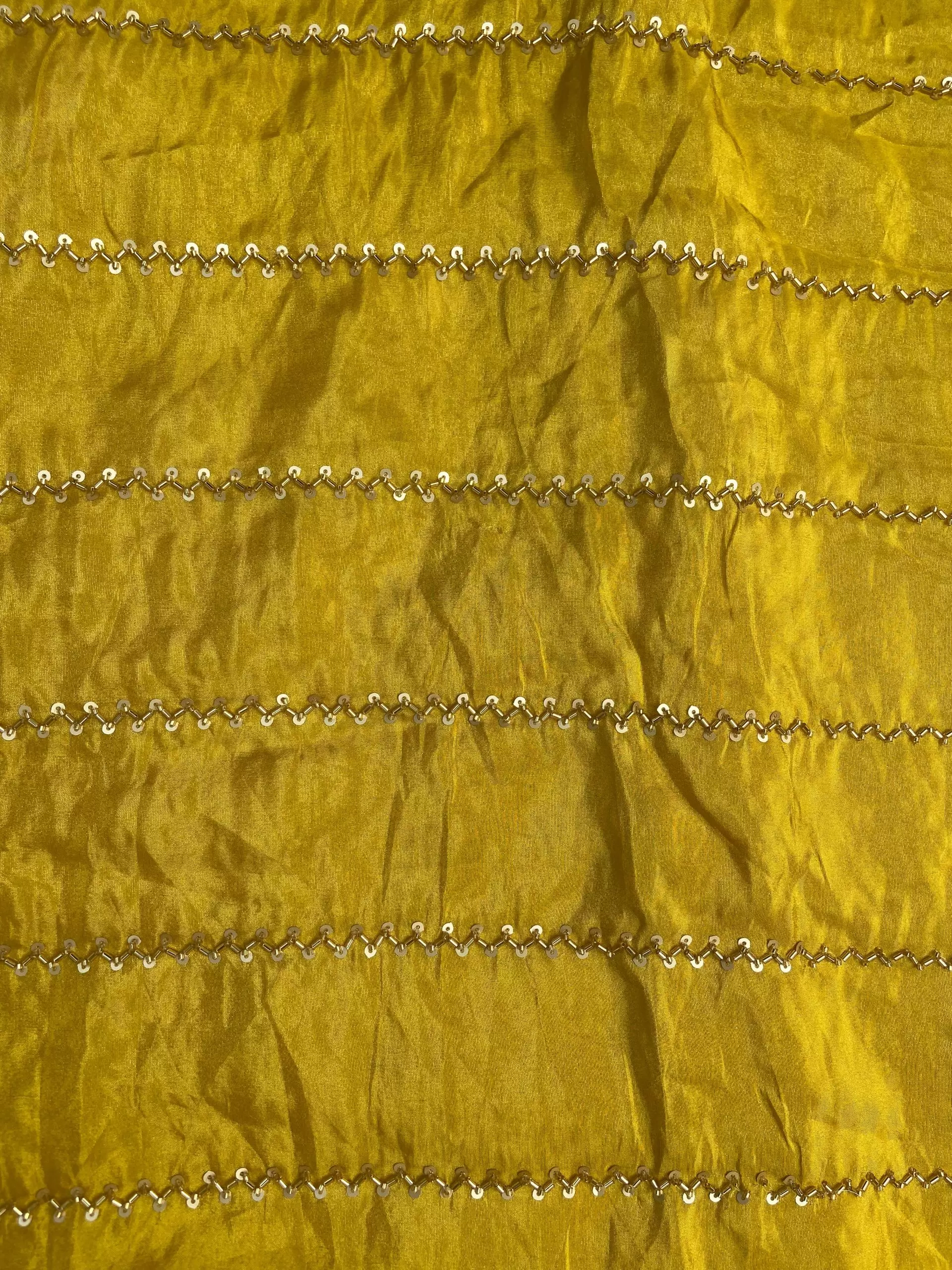 Hand embroidery in Stripe Pattern Mustard Yellow Pure Tissue Silk Fabric