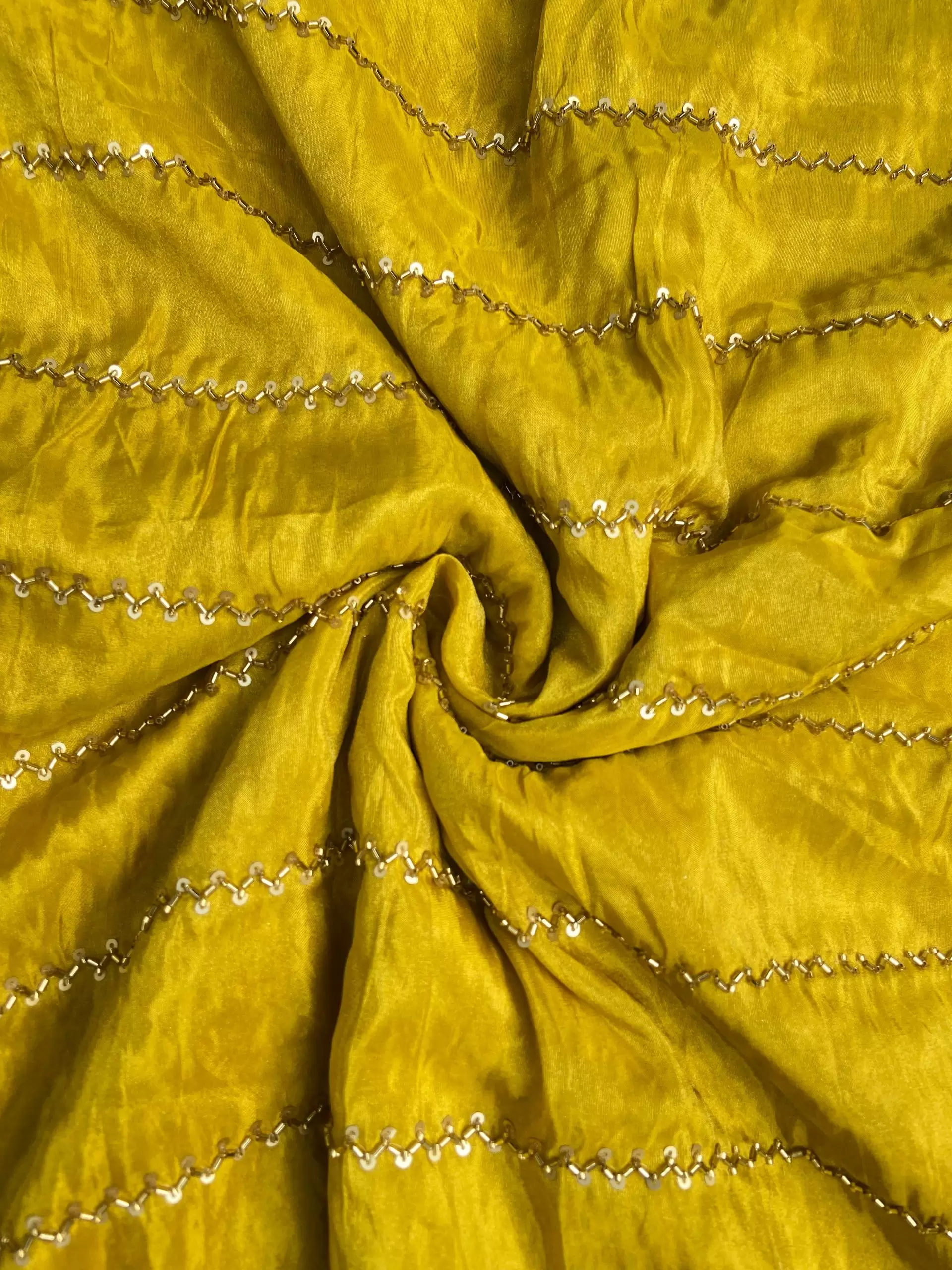 Hand embroidery in Stripe Pattern Mustard Yellow Pure Tissue Silk Fabric