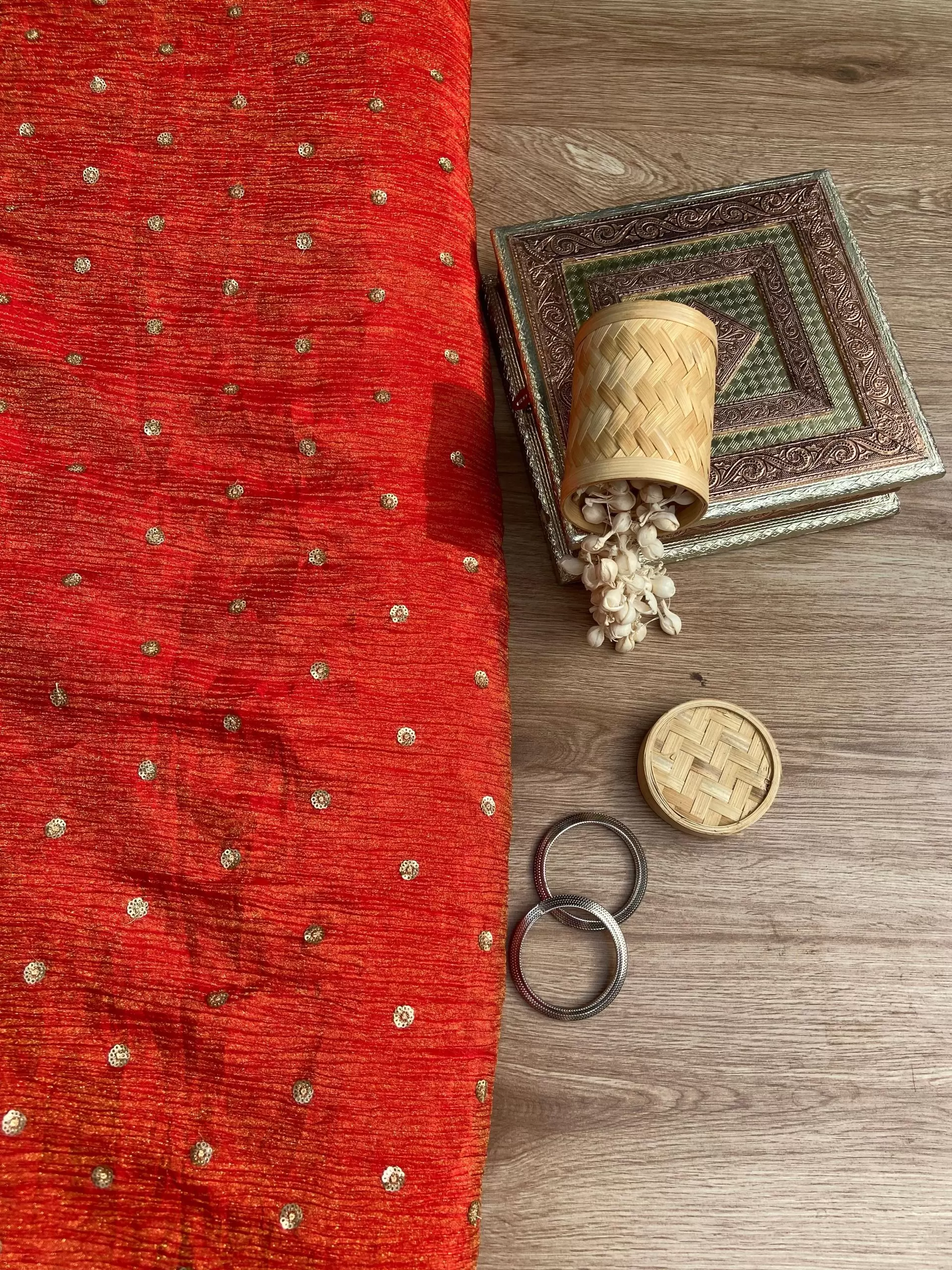 Pure Crush Tissue Fabric in Orange with Buti All Over