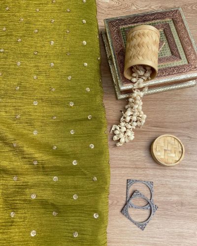 Pure Crush Tissue Fabric in Olive Green with Buti All Over