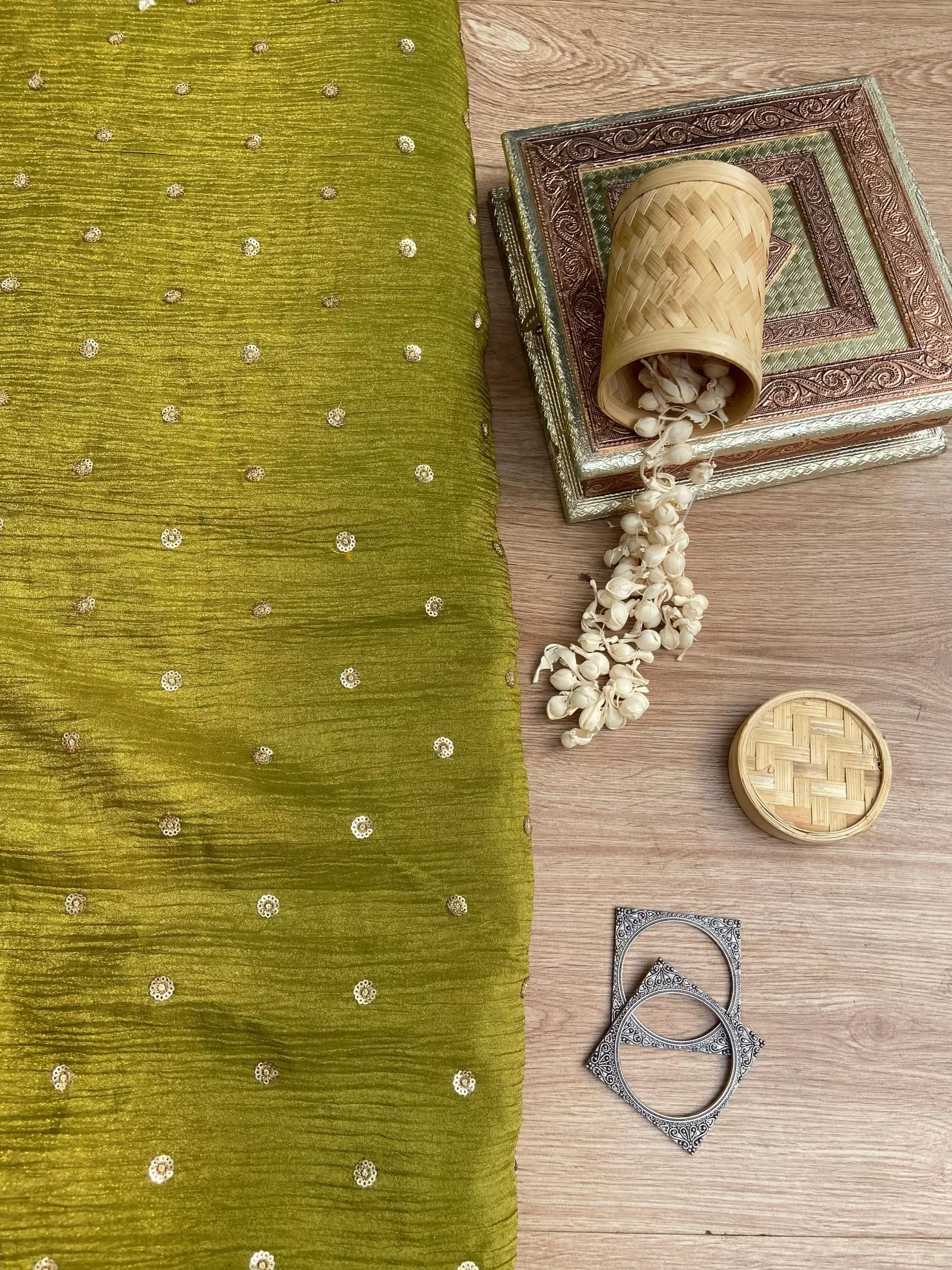 Pure Crush Tissue Fabric in Olive Green with Buti All Over