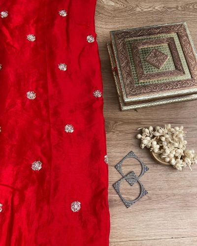 Red Pure Crepe Fabric with Handwork Buti Design