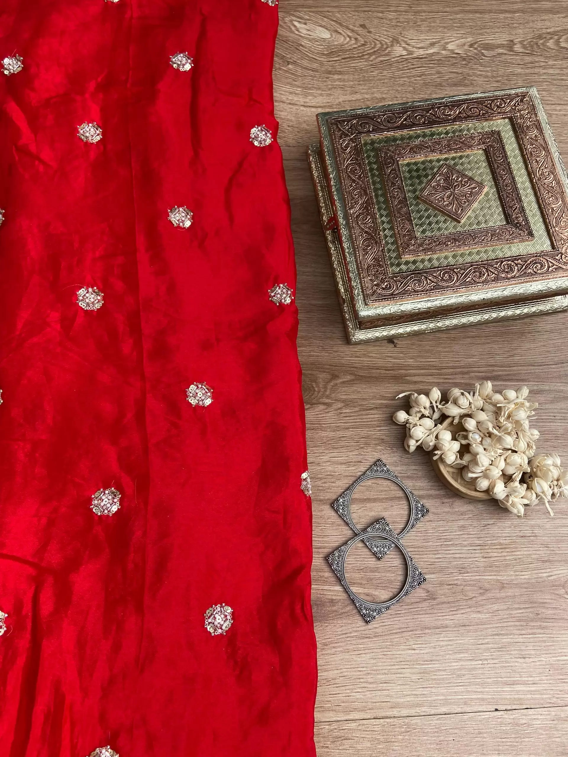 Red Pure Crepe Fabric with Handwork Buti Design