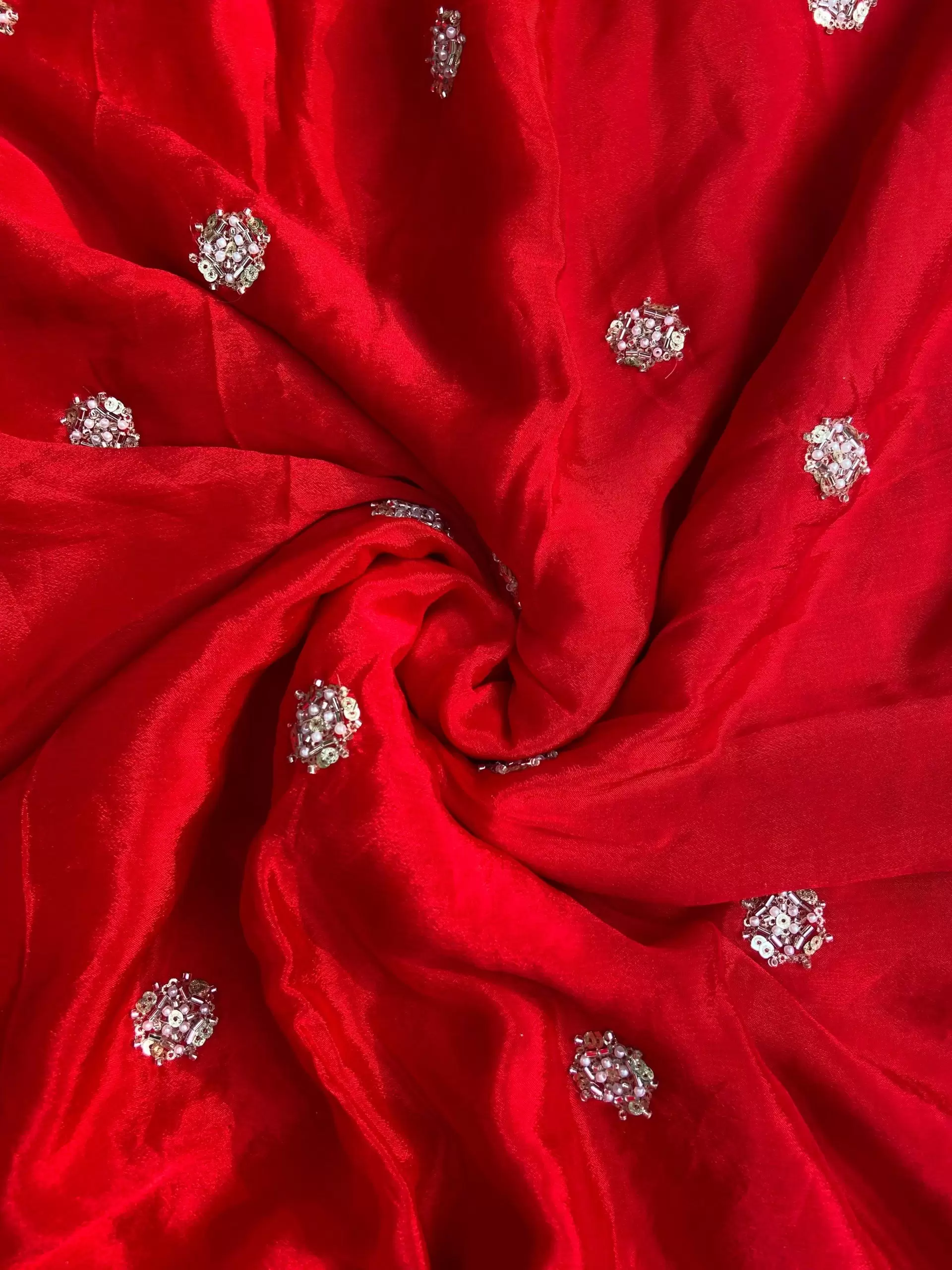 Red Pure Crepe Fabric with Handwork Buti Design