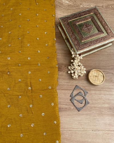 Pure Crush Tissue Fabric in Mustered yellow with buti all over