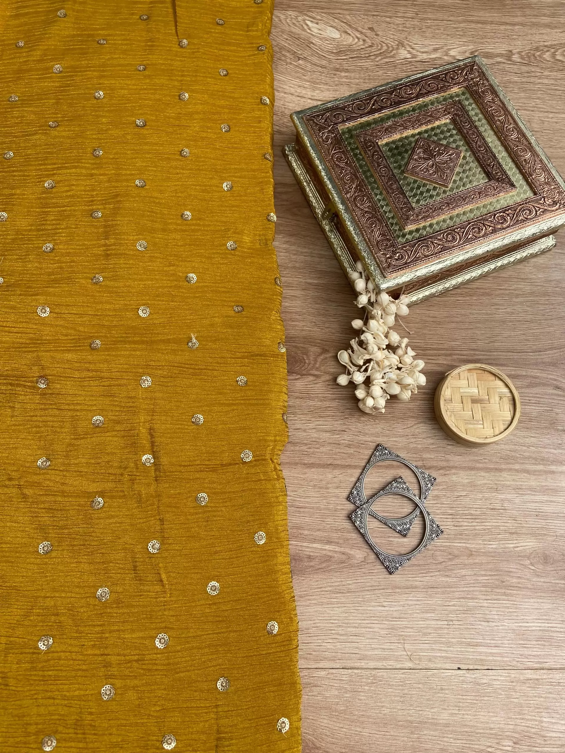 Pure Crush Tissue Fabric in Mustered yellow with buti all over
