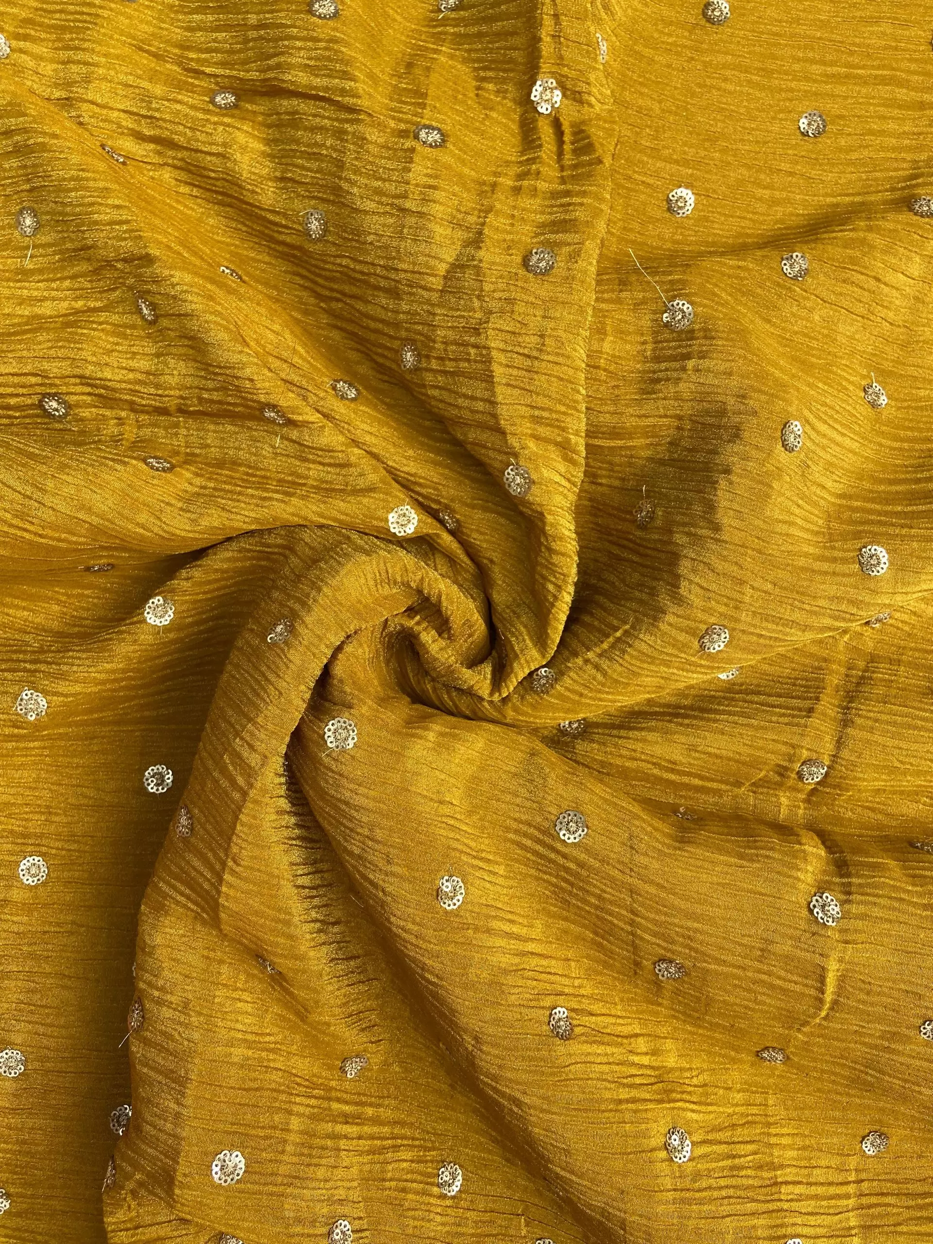 Pure Crush Tissue Fabric in Mustered yellow with buti all over