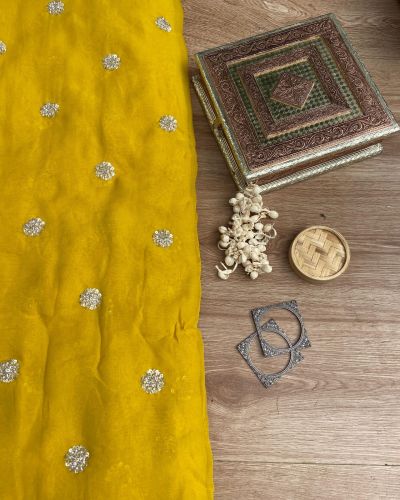 Yellow Georgette Fabric with Handwork Buti Design