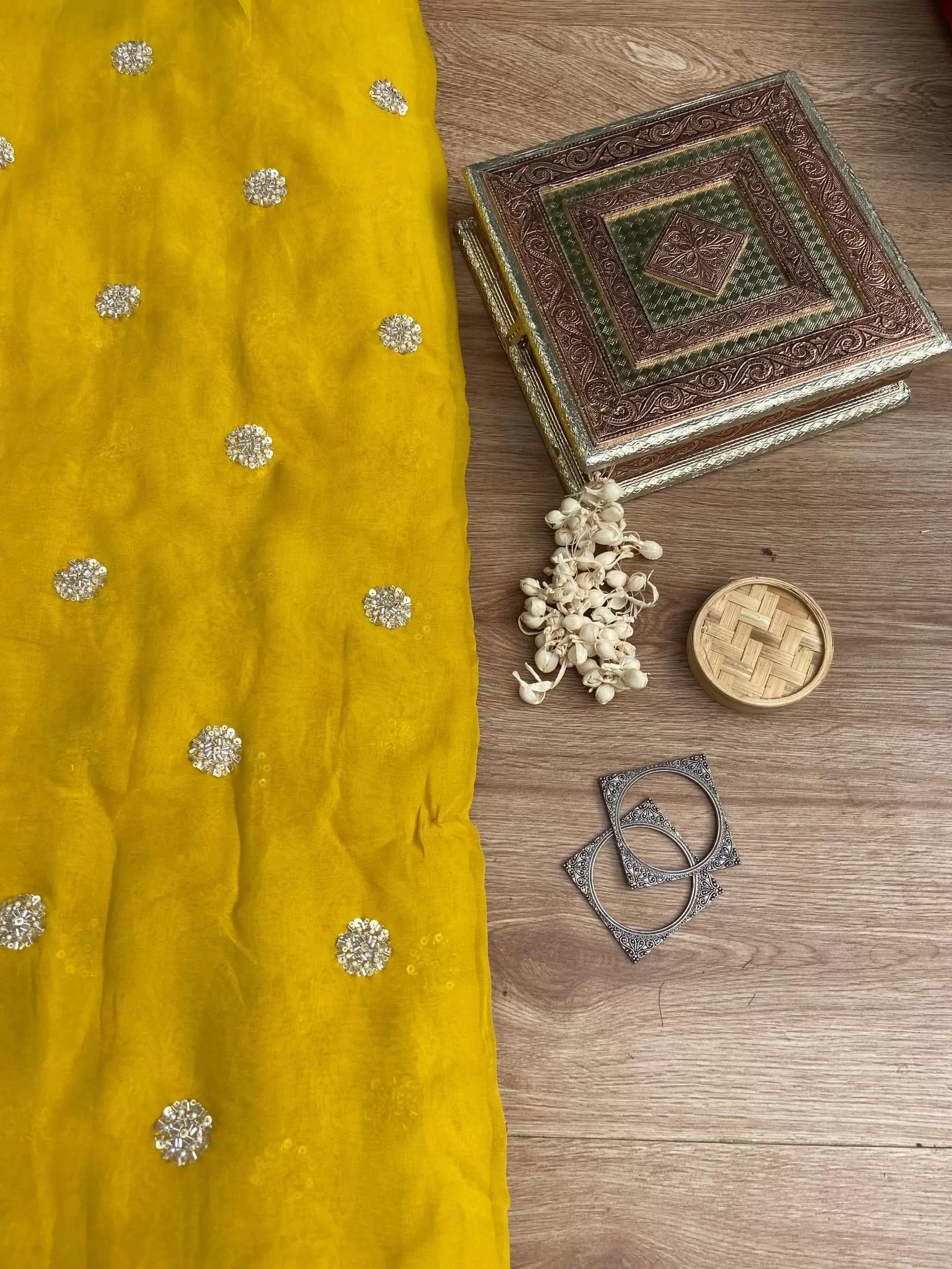 Yellow Georgette Fabric with Handwork Buti Design