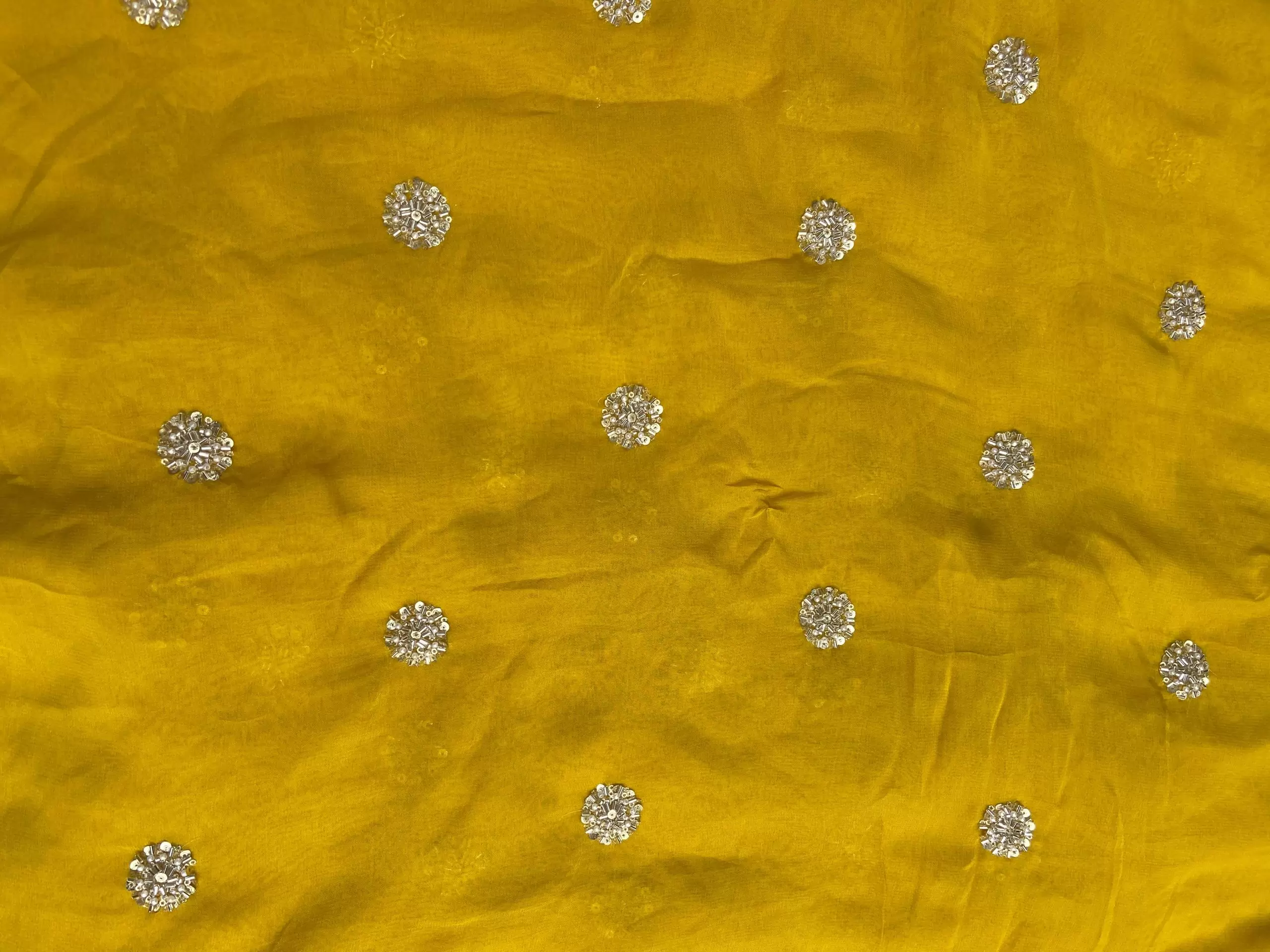 Yellow Georgette Fabric with Handwork Buti Design