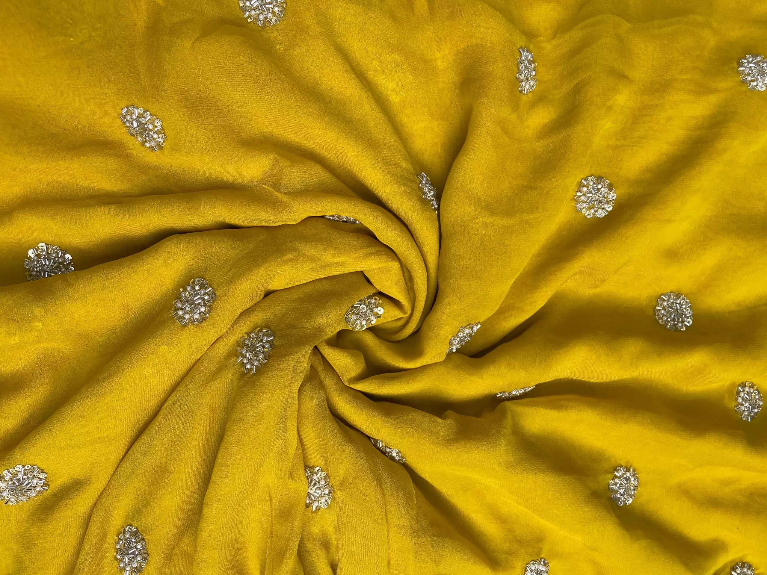 Yellow Georgette Fabric with Handwork Buti Design