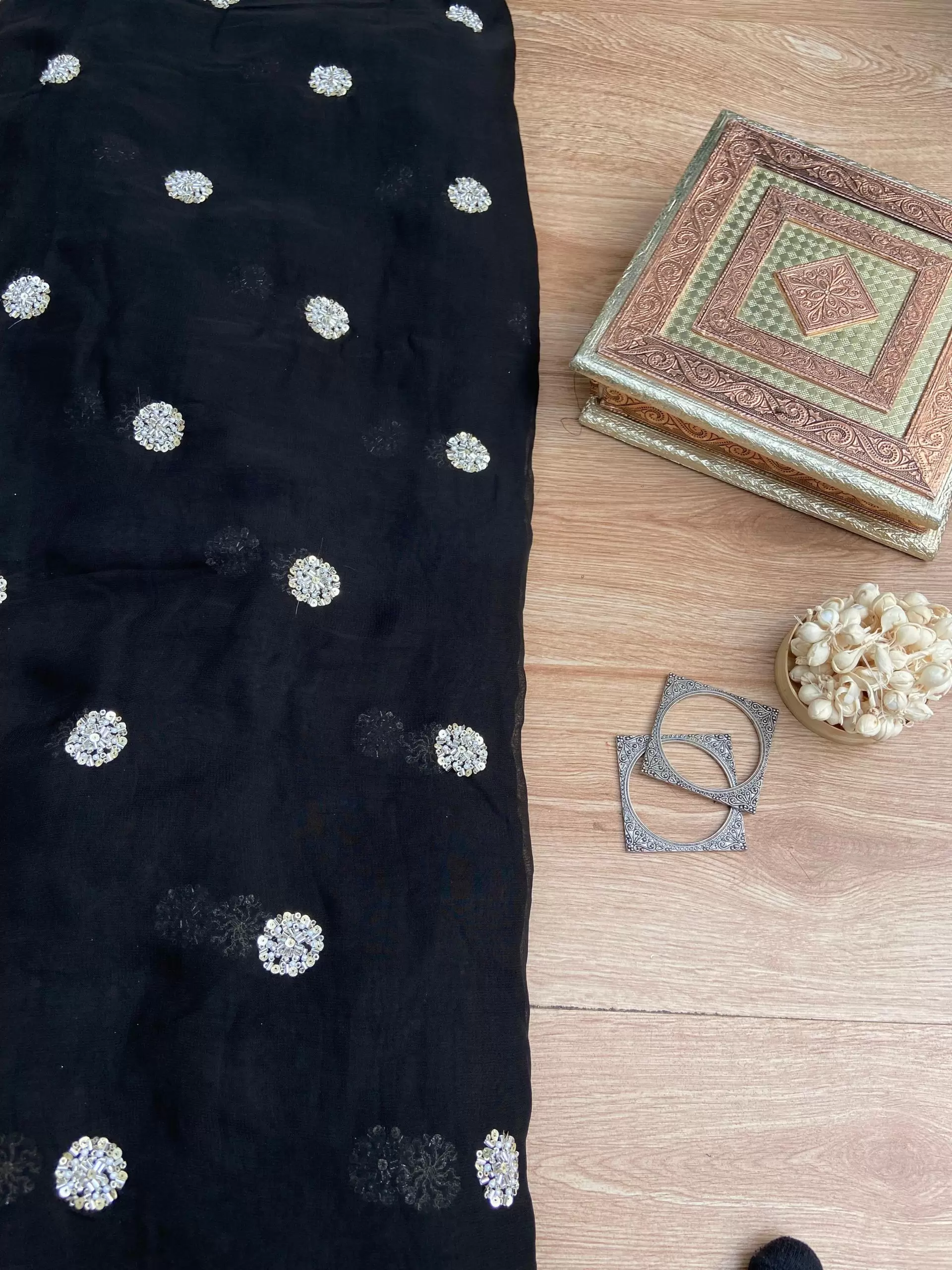 Black Georgette Fabric with Handwork Buti Design