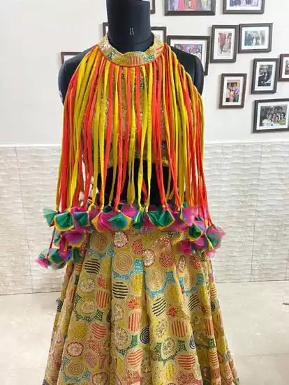 Haldi Leheariya Latkan Blouse With Heavy Embroidered Skirt