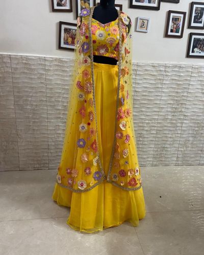 Vibrant Yellow Embroidered Crop Top with Skirt and Sheer Floral Shrug
