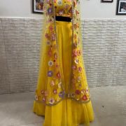 Vibrant Yellow Embroidered Crop Top with Skirt and Sheer Floral Shrug