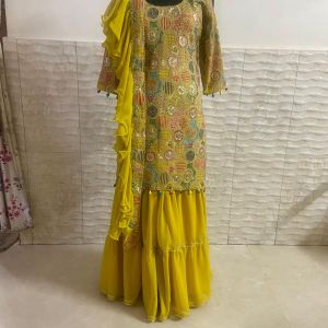 Mustard Heavy Embroidered Kurta And Sharara Set With Ruffle Dupatta
