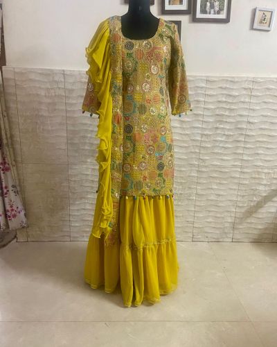 Mustard Heavy Embroidered Kurta And Sharara Set With Ruffle Dupatta