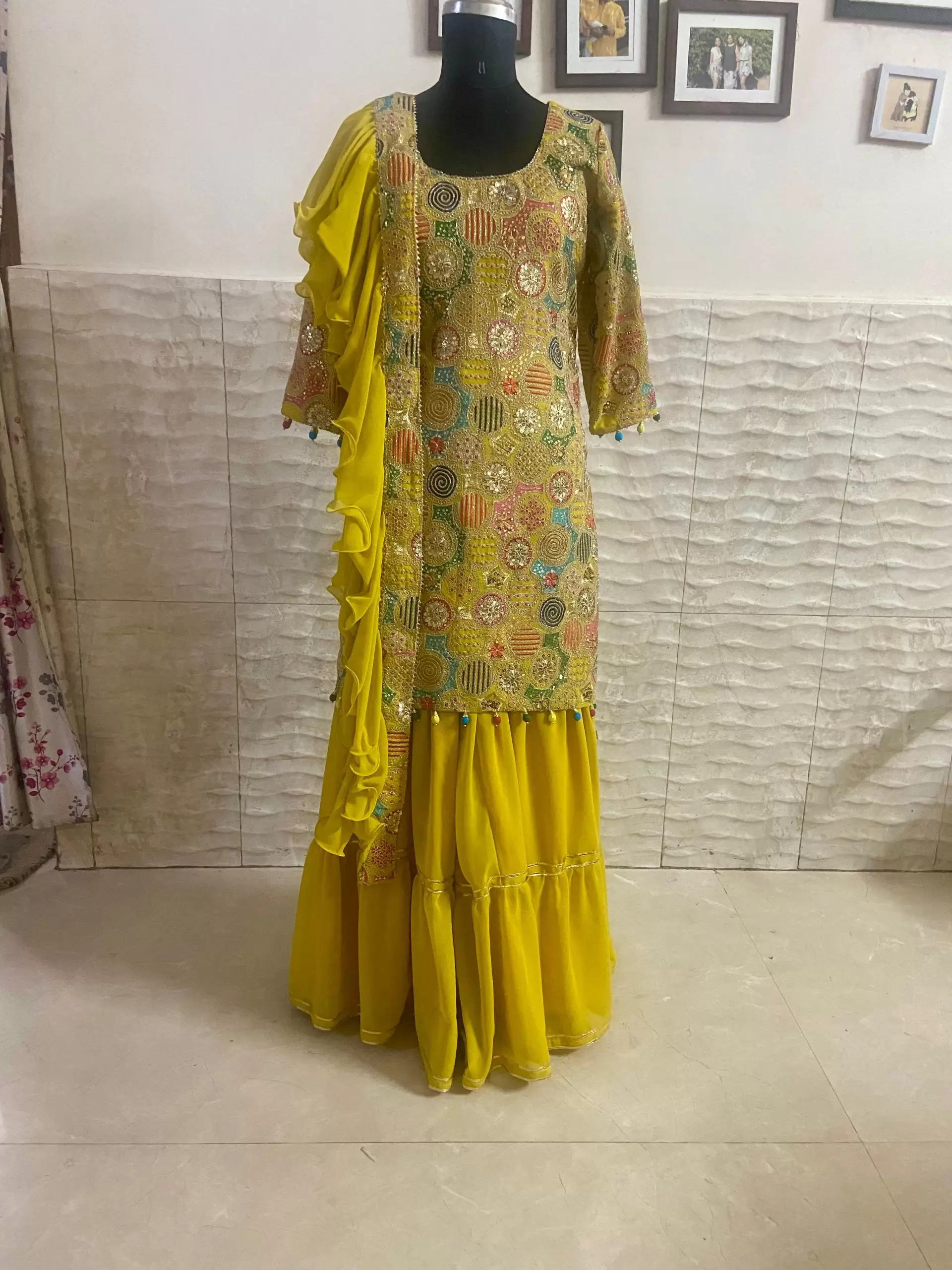 Mustard Heavy Embroidered Kurta And Sharara Set With Ruffle Dupatta