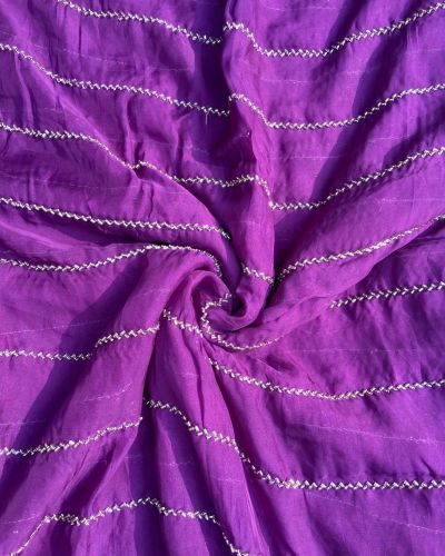 Hand embroidery in stripe pattern purple pure organza fabric