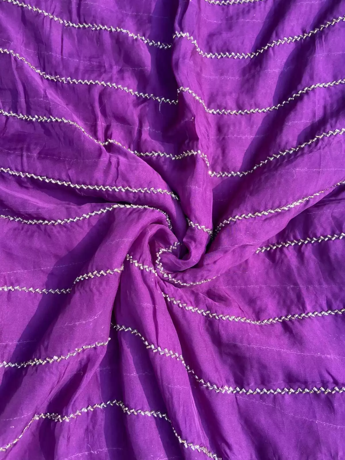 Hand embroidery in stripe pattern purple pure organza fabric