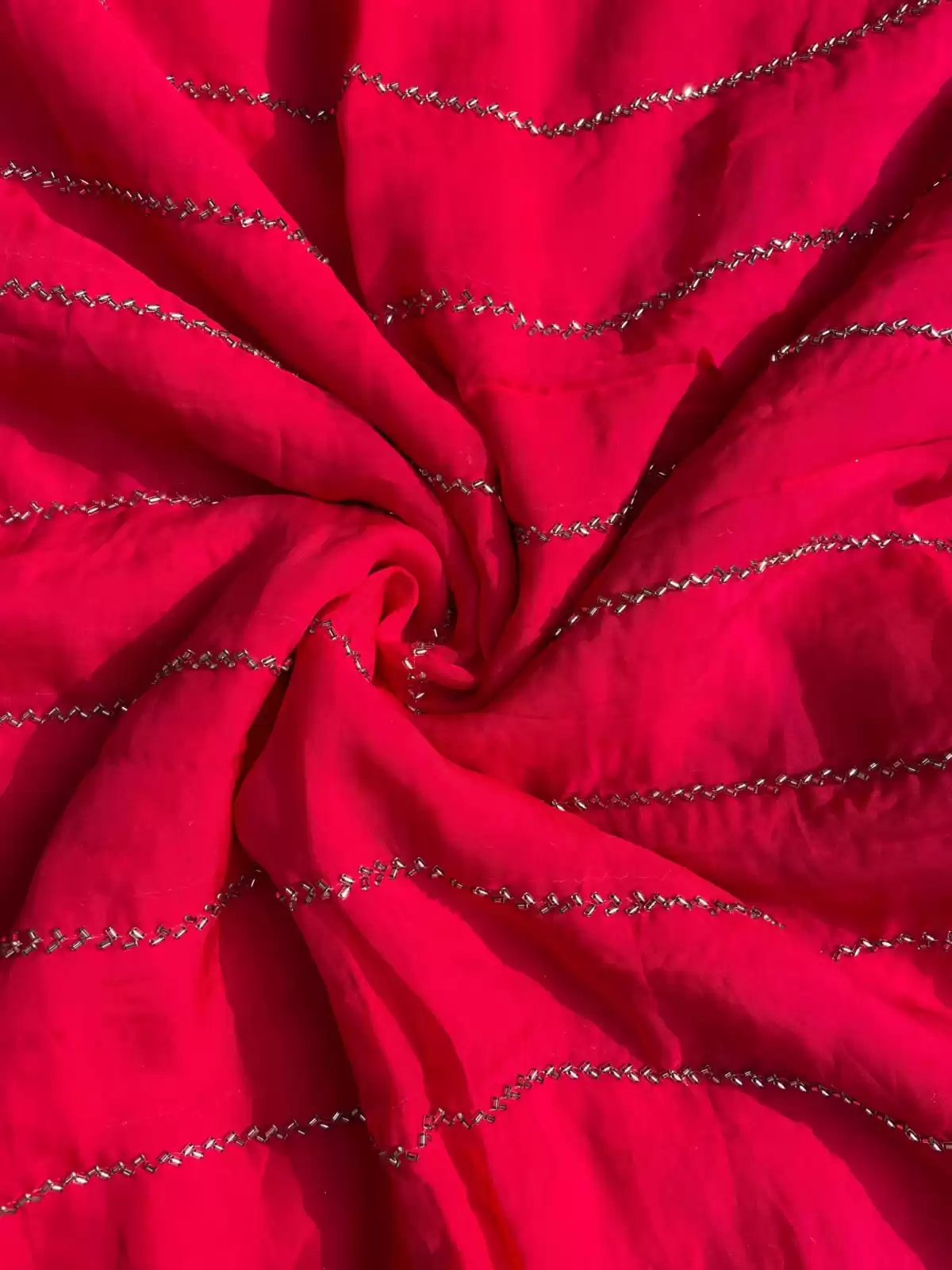 Hand embroidery in Stripe Pattern Pink Pure Organza Fabric