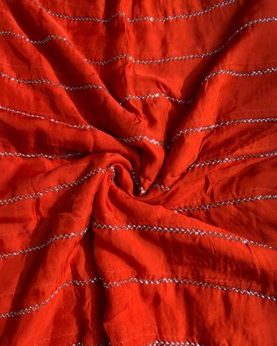 Hand embroidery in strip Patternon  Rust orange pure organza fabric