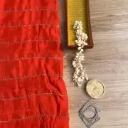 Hand embroidery in stripe Pattern on Rust orange pure organza fabric