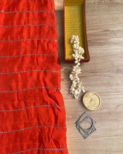 Hand embroidery in strip Patternon  Rust orange pure organza fabric