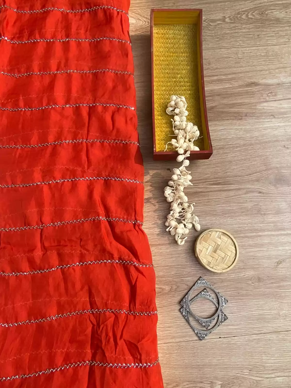 Hand embroidery in stripe Pattern on Rust orange pure organza fabric