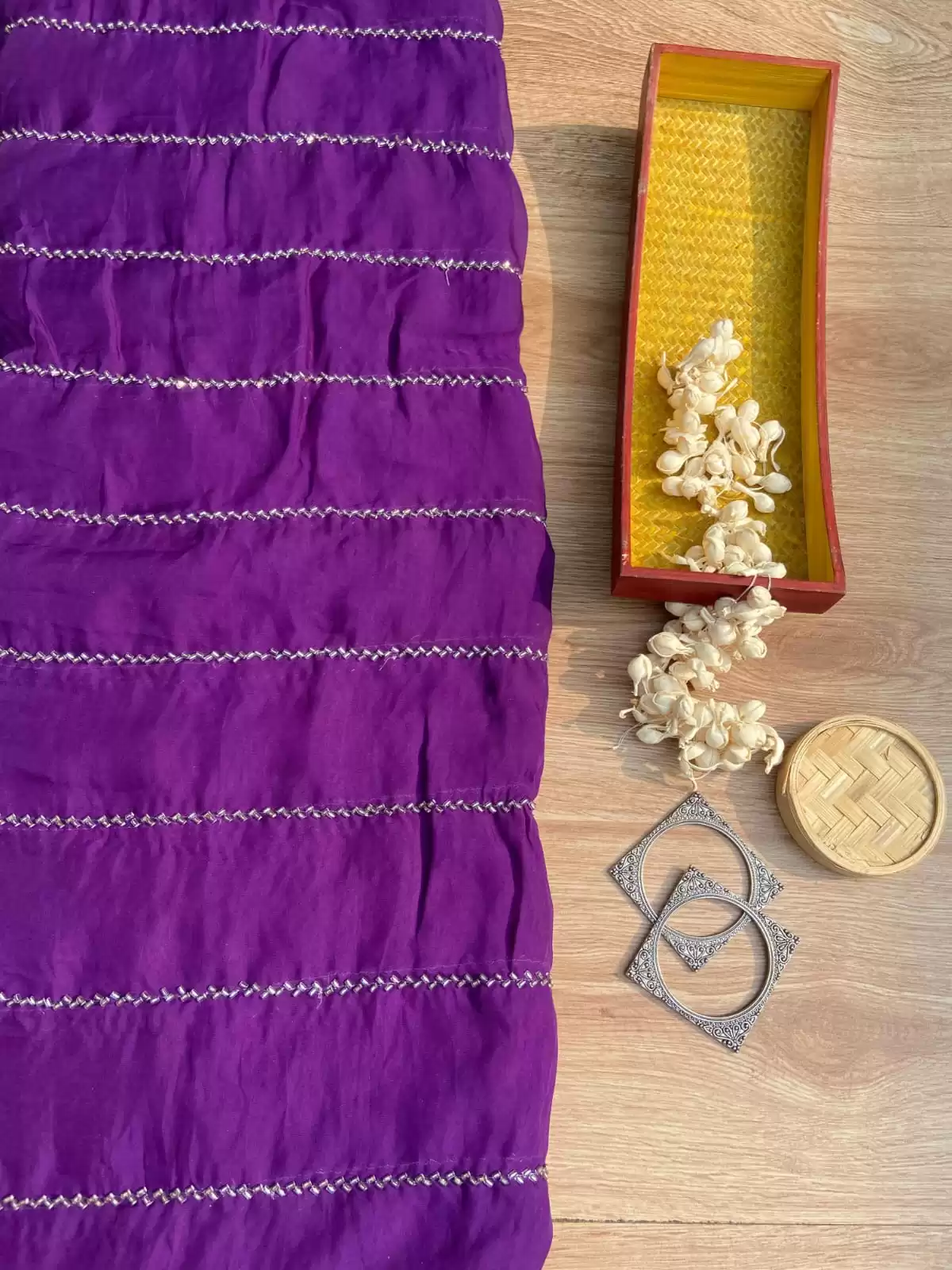 Hand embroidery in stripe pattern purple pure organza fabric