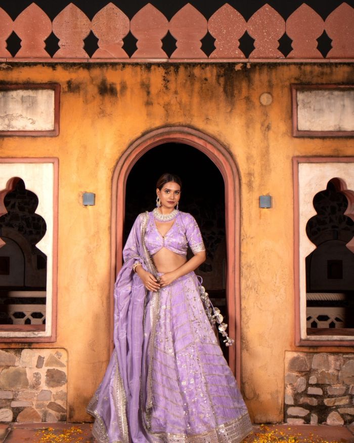 Mauve Purple Pure Cosmos Tissue Silk Blouse Lehenga Set with hand lace panels