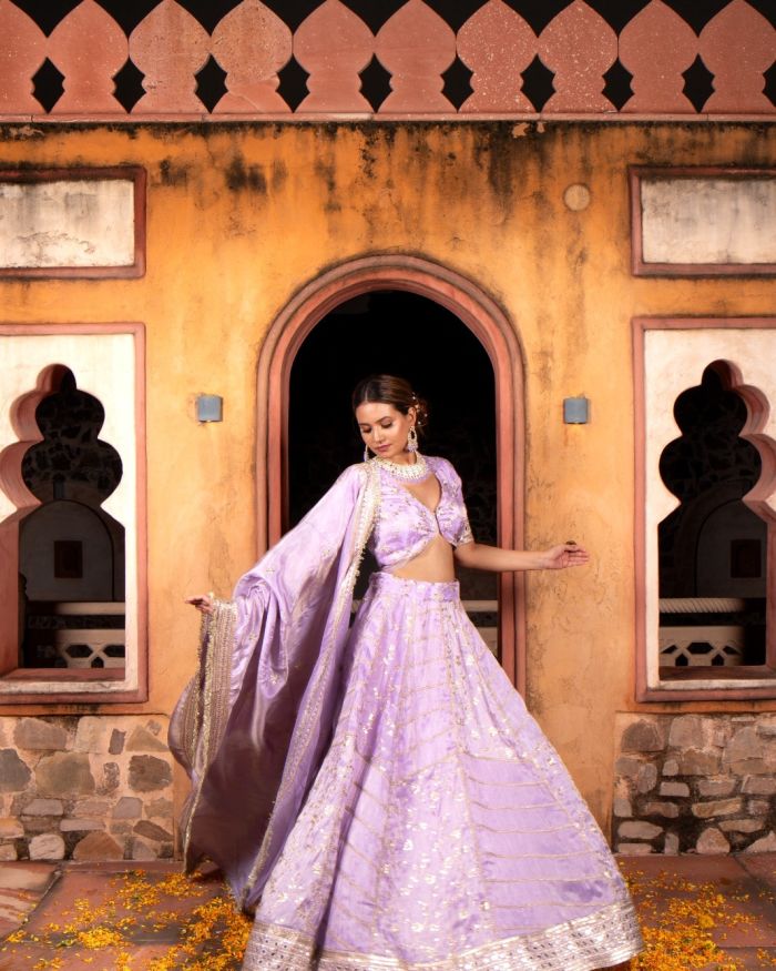 Mauve Purple Pure Cosmos Tissue Silk Blouse Lehenga Set with hand lace panels