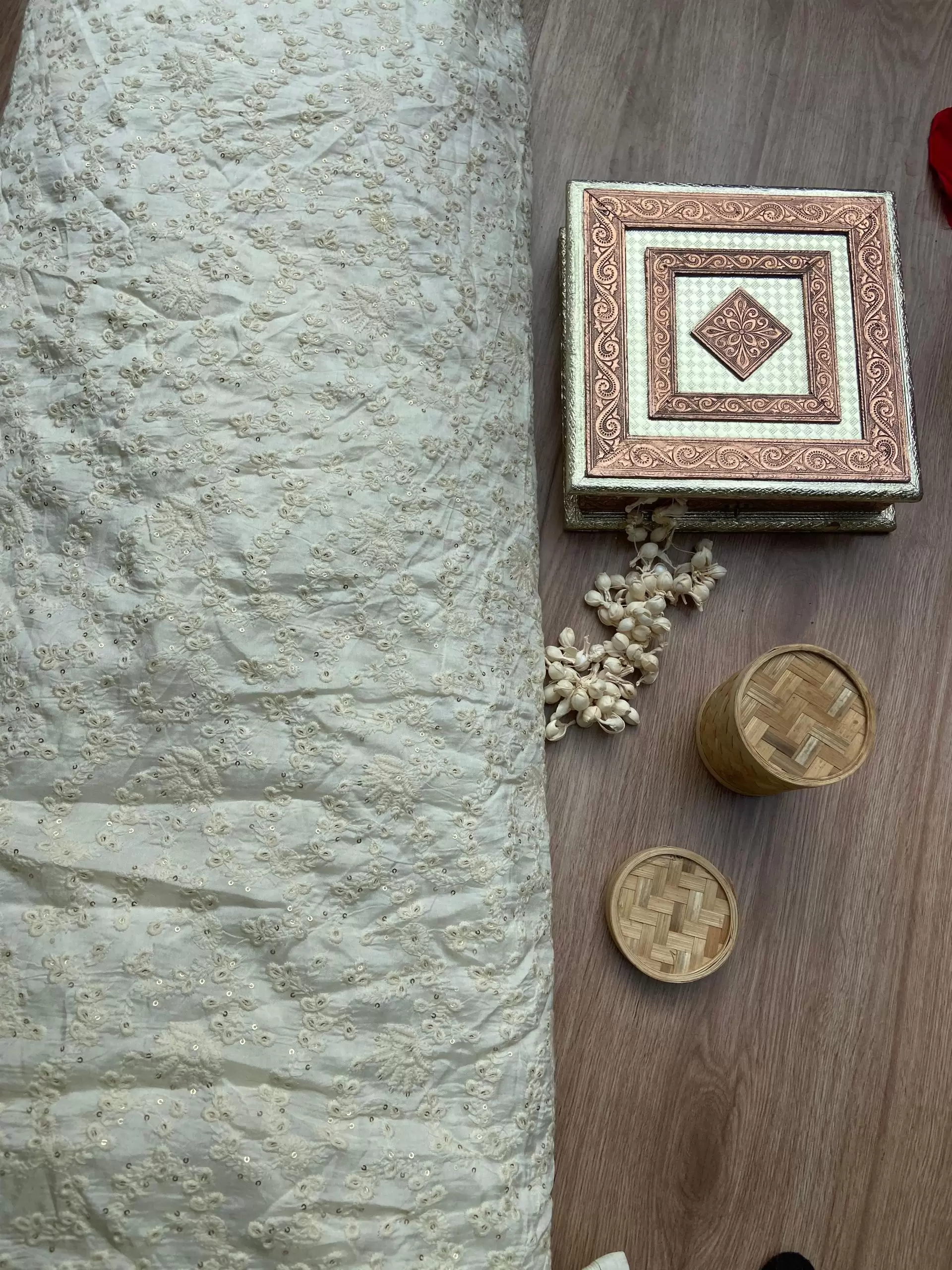 Off White tone on tone chikankari Embroidered Pure mysore silk fabric