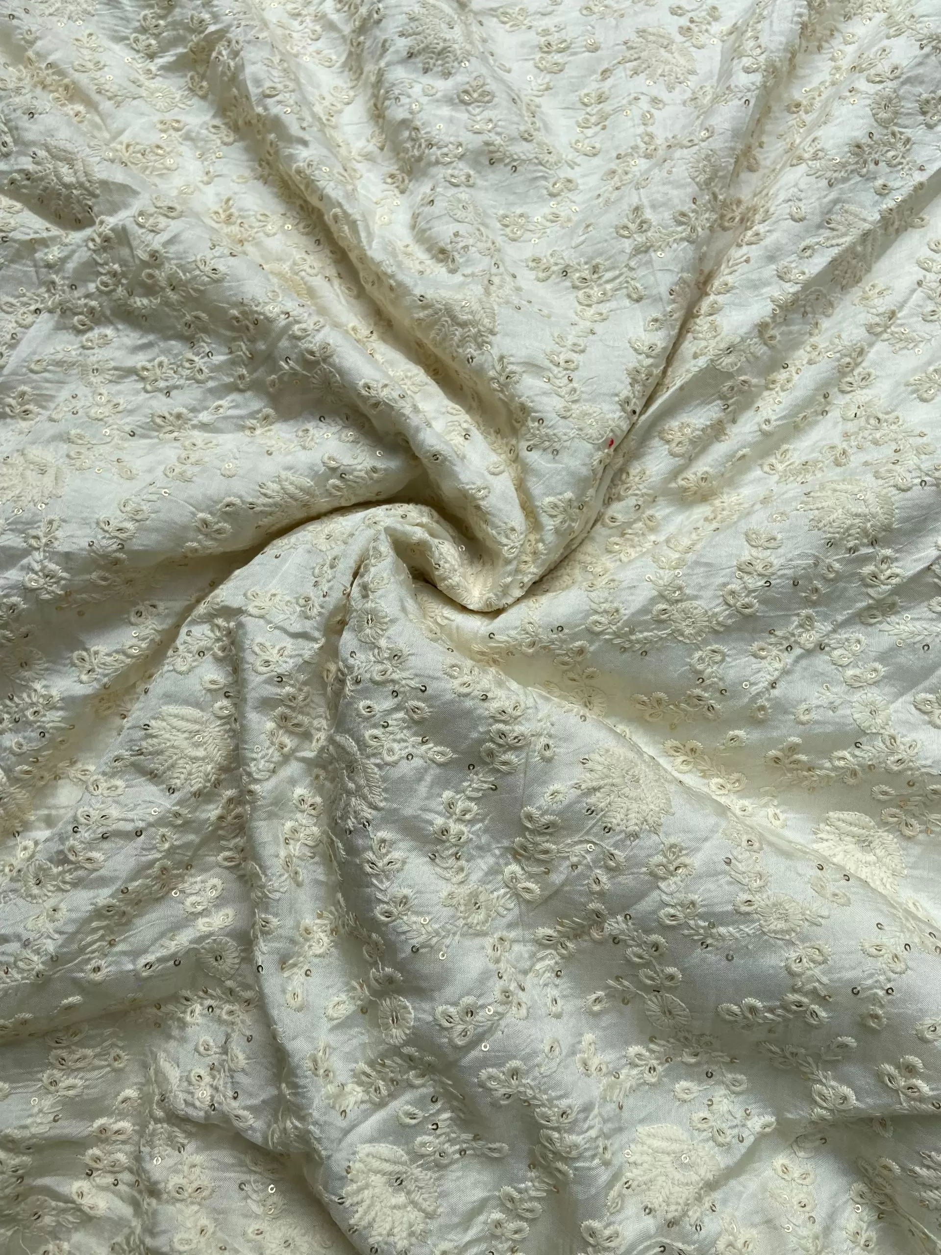 Off White tone on tone chikankari Embroidered Pure mysore silk fabric