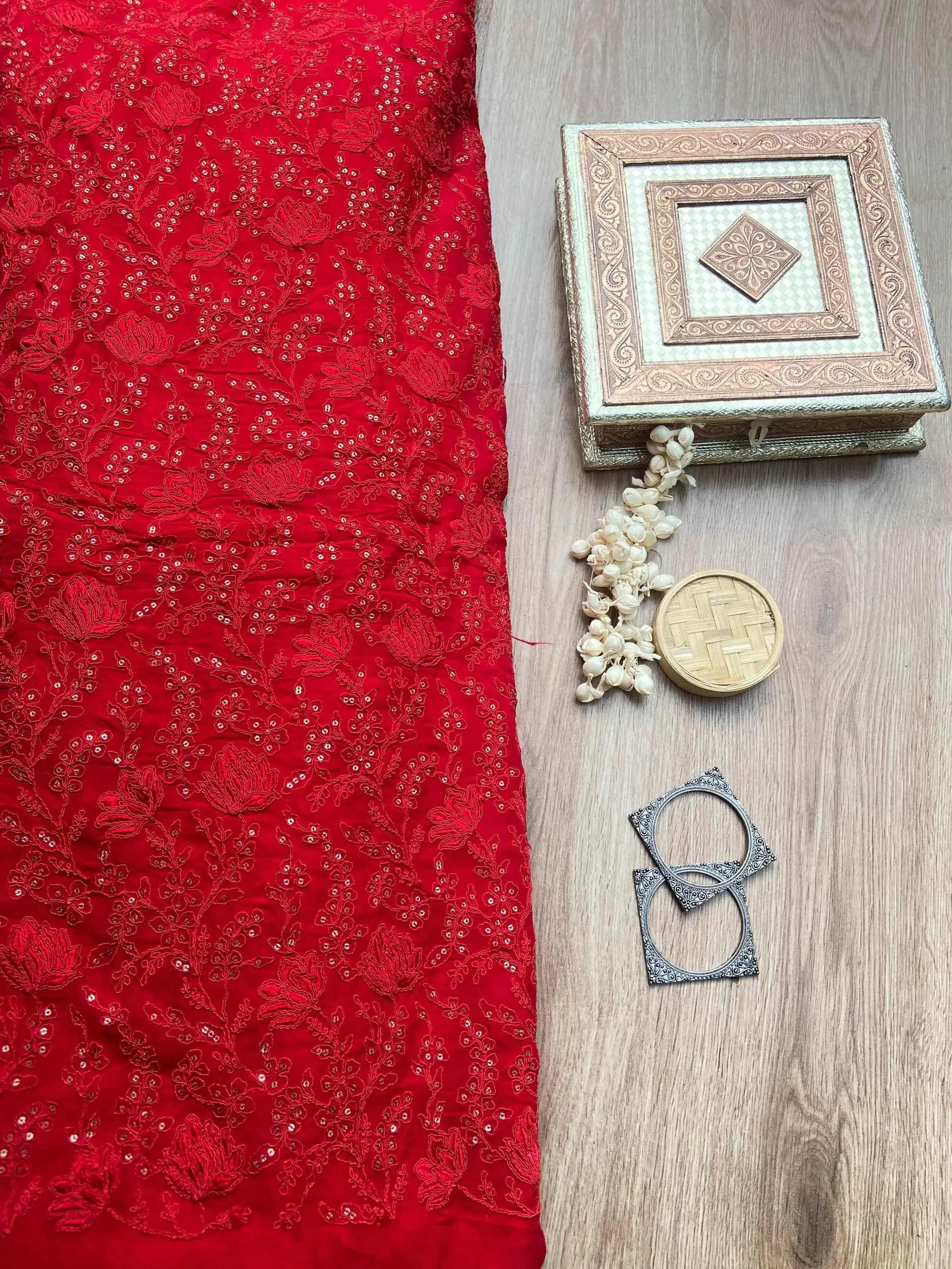 Red tone on tone chikankari Embroidered Pure Georgette fabric