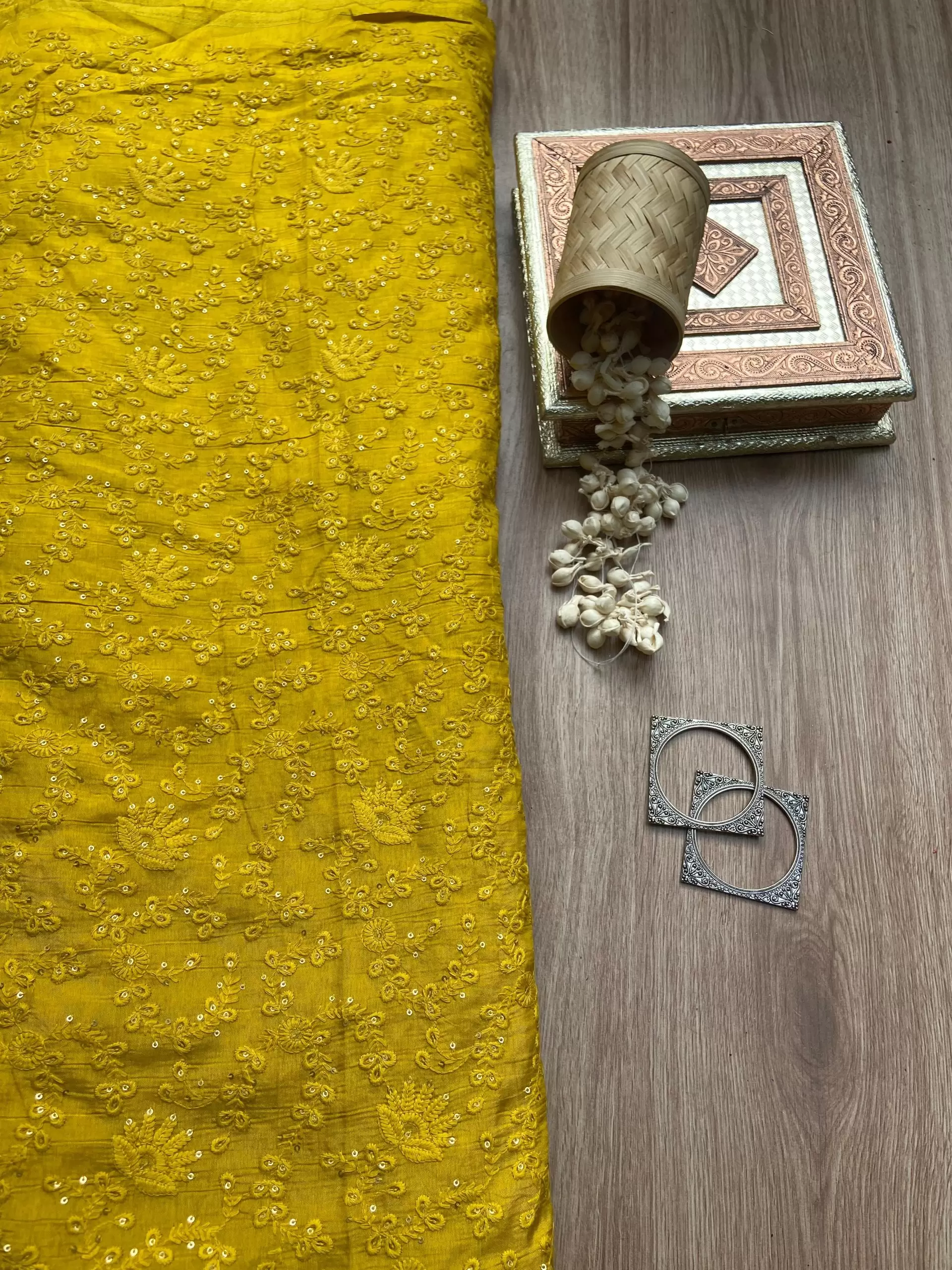 Yellow tone on tone chikankari embroidered Pure mysore silk fabric